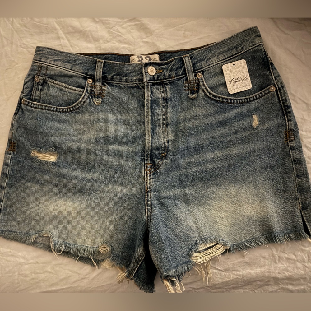 Free People Blue Distressed High-Rise Denim Cutoff Shorts